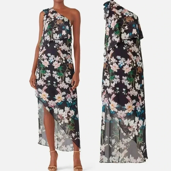 Slate + Willow Hudson Floral Maxi Asymmetrical Dress One Shoulder Black 0 - Picture 1 of 12